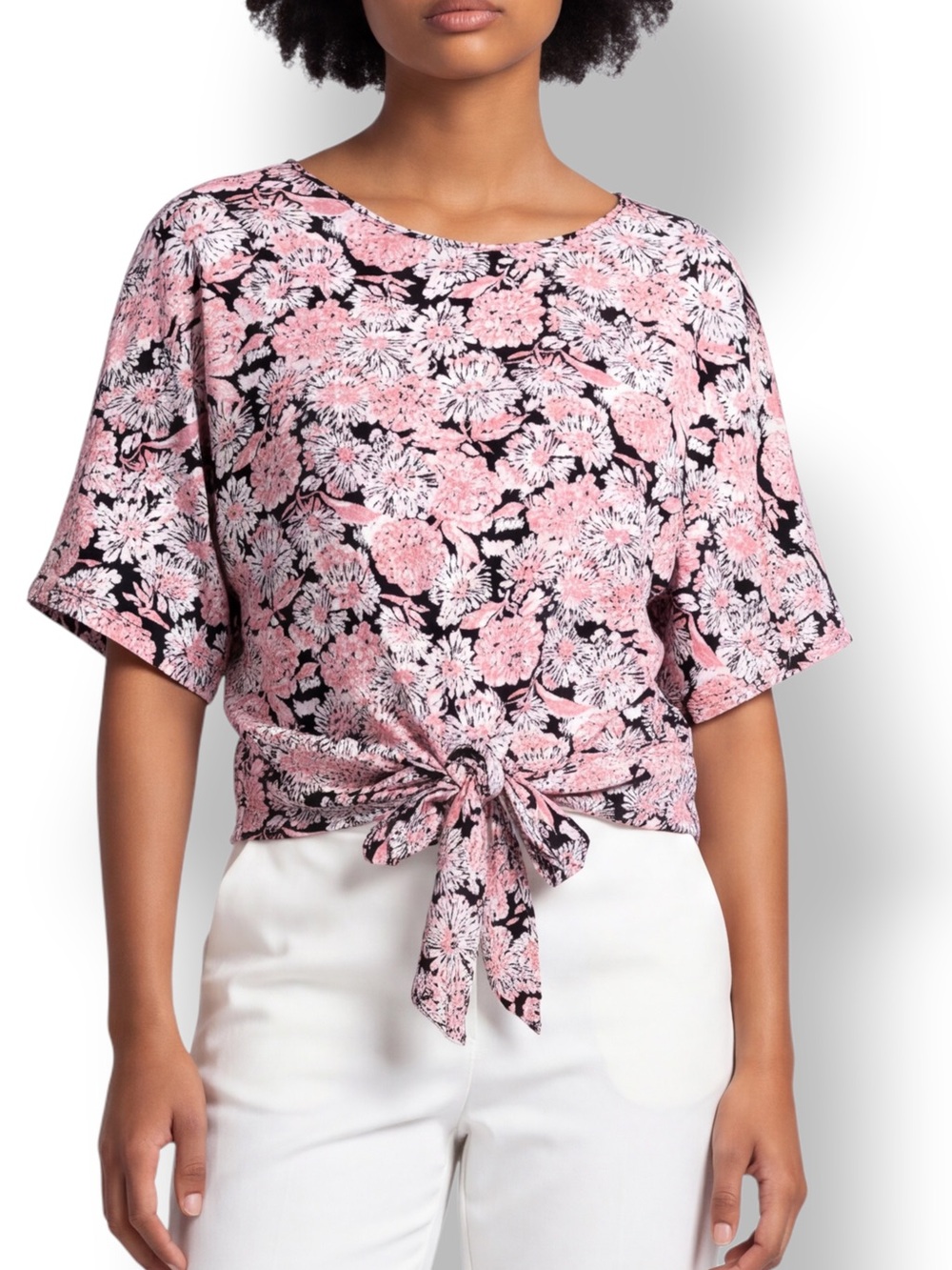 4/$20 PerSeption Concept Pink Black Floral Tie Front Blouse Medium
